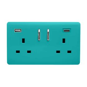 ART-SKT213USB31ACBT  2 Gang 13Amp Short S/W Double Socket With 1 x Type A & 1 x Type C 3.1mAh USB Bright Teal